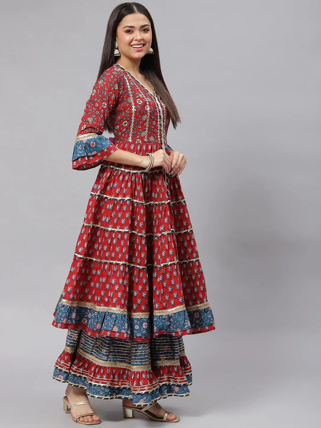 Jashvi Maroon & Blue Anarkali Kurta Sharara Set with Dupatta