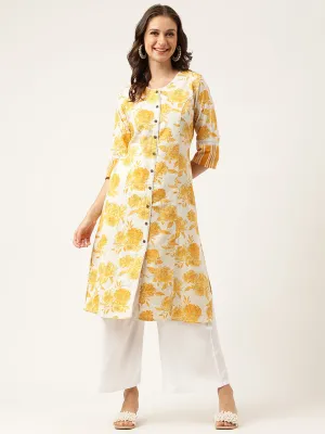 Jashvi Mustard Floral Printed A-Line Cotton Kurta