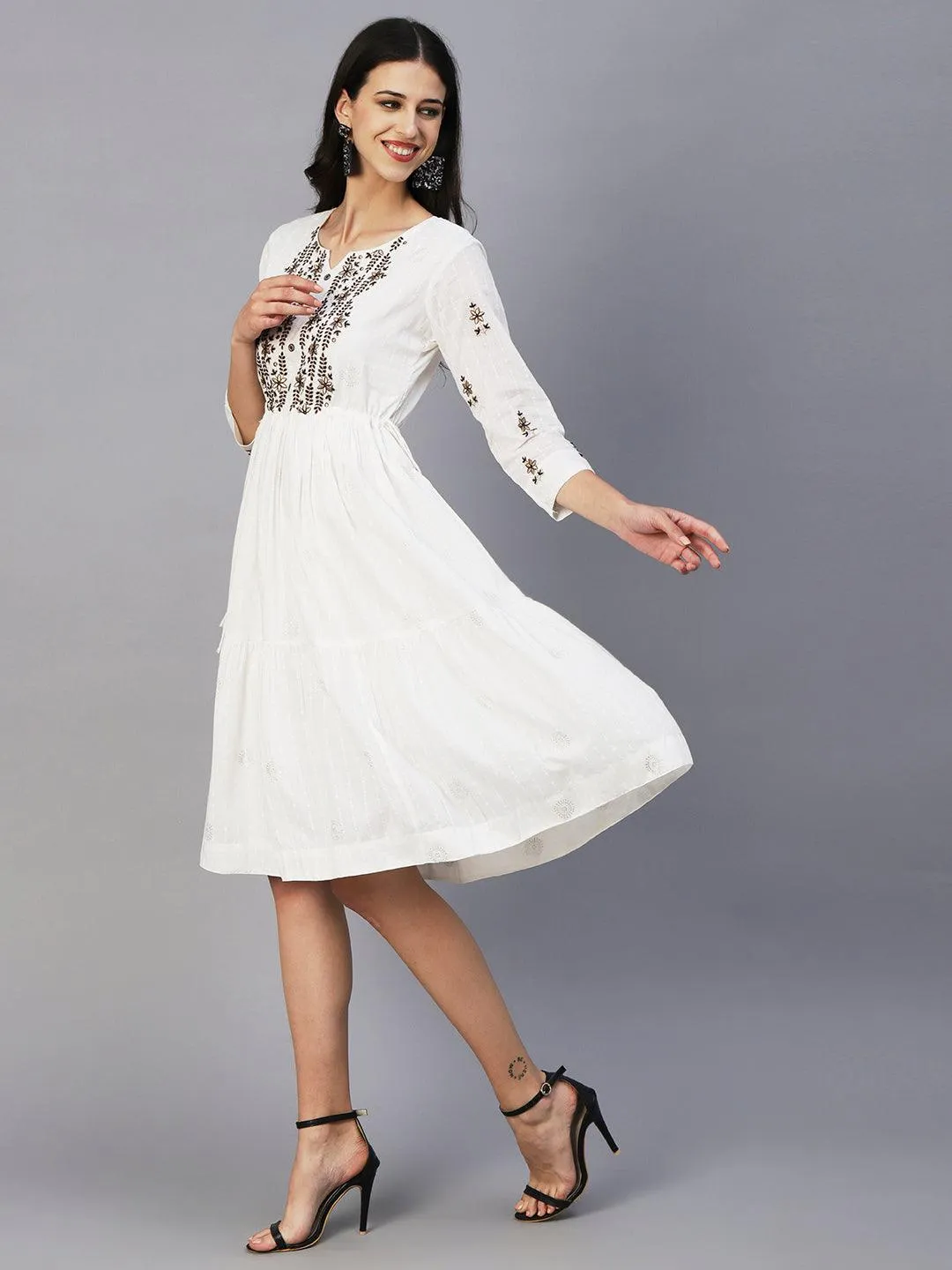 Khari Printed Zari & Resham Embroidered Tiered Midi Dress - White