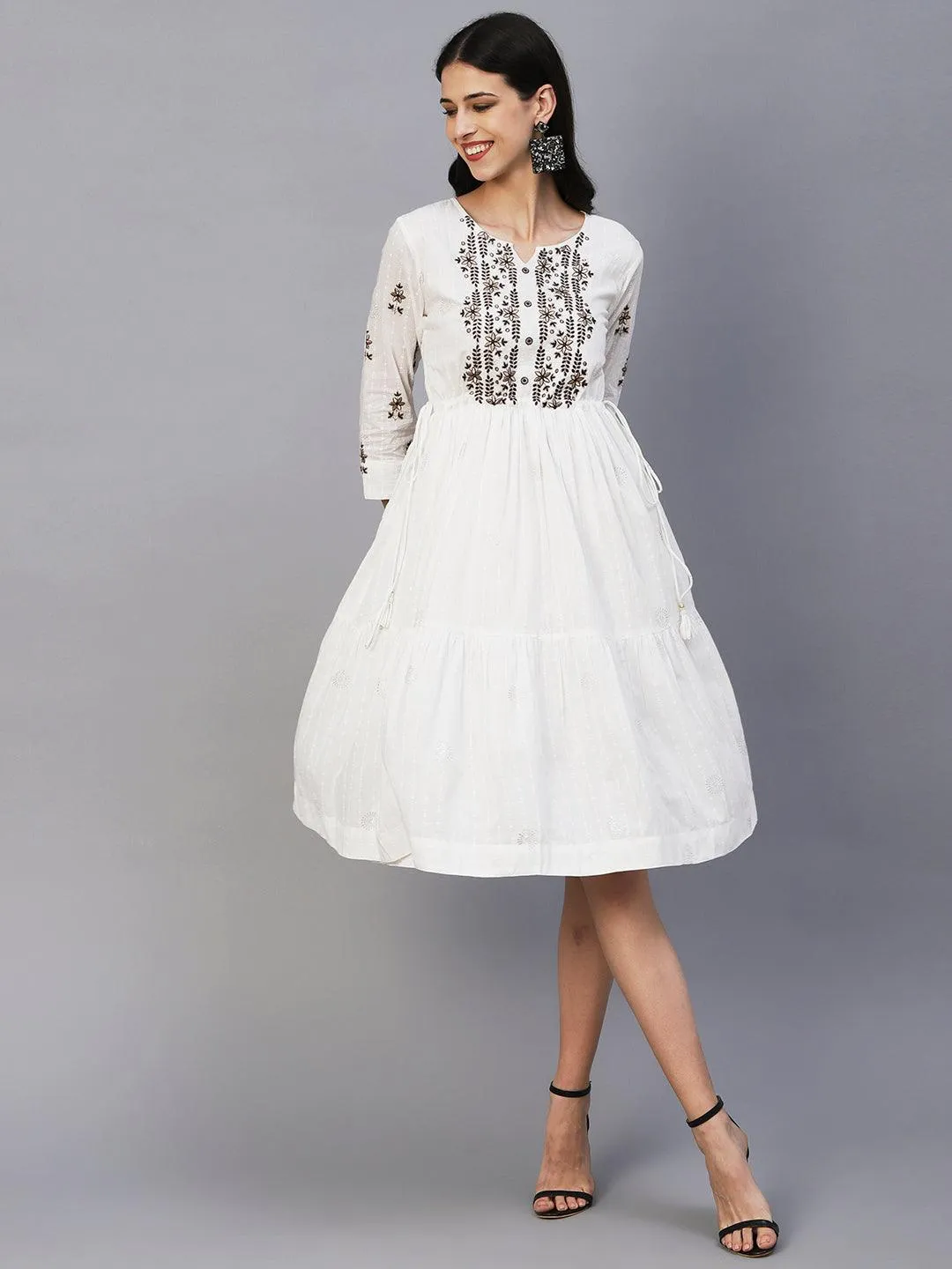 Khari Printed Zari & Resham Embroidered Tiered Midi Dress - White