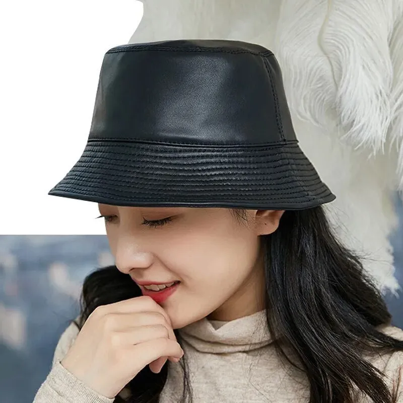 Leather Bucket Hat with Faux Leather