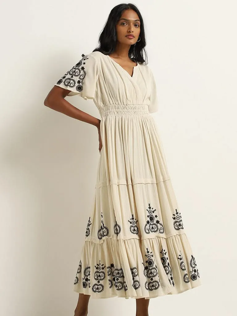 LOV Beige Embroidered Tiered Cotton Dress