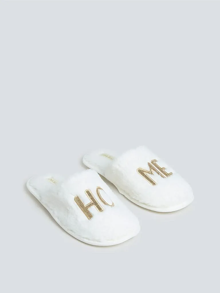 LUNA BLU Off-White Text Print Bedroom Slippers