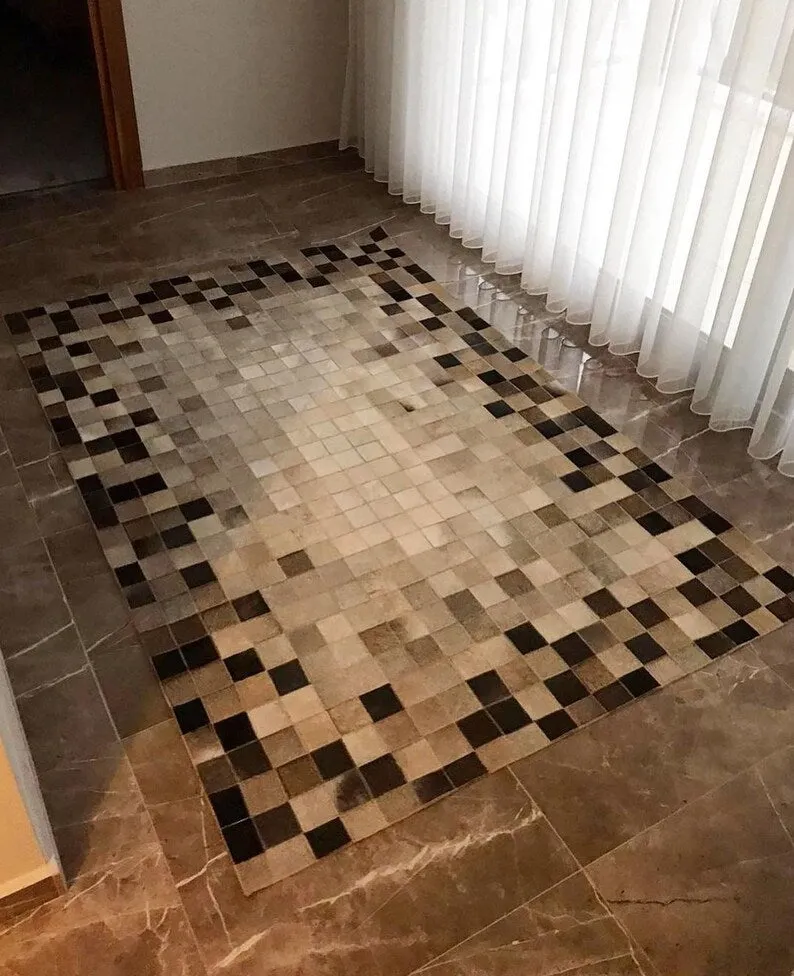 Luxury 100% Genuine Leather Cowhide Runner Rug, Handmade Patchwork Hallway Rug