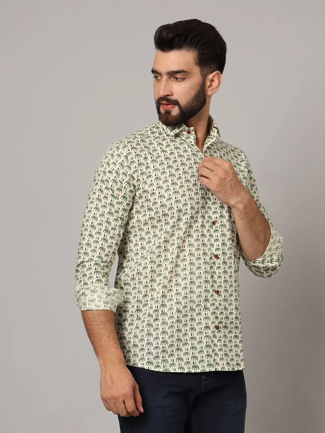 MILLENNIAL MEN Green Ethnic Motif Pure Cotton Regular Fit Casual Full Sleeve