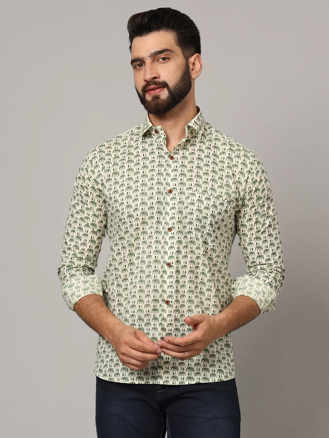 MILLENNIAL MEN Green Ethnic Motif Pure Cotton Regular Fit Casual Full Sleeve