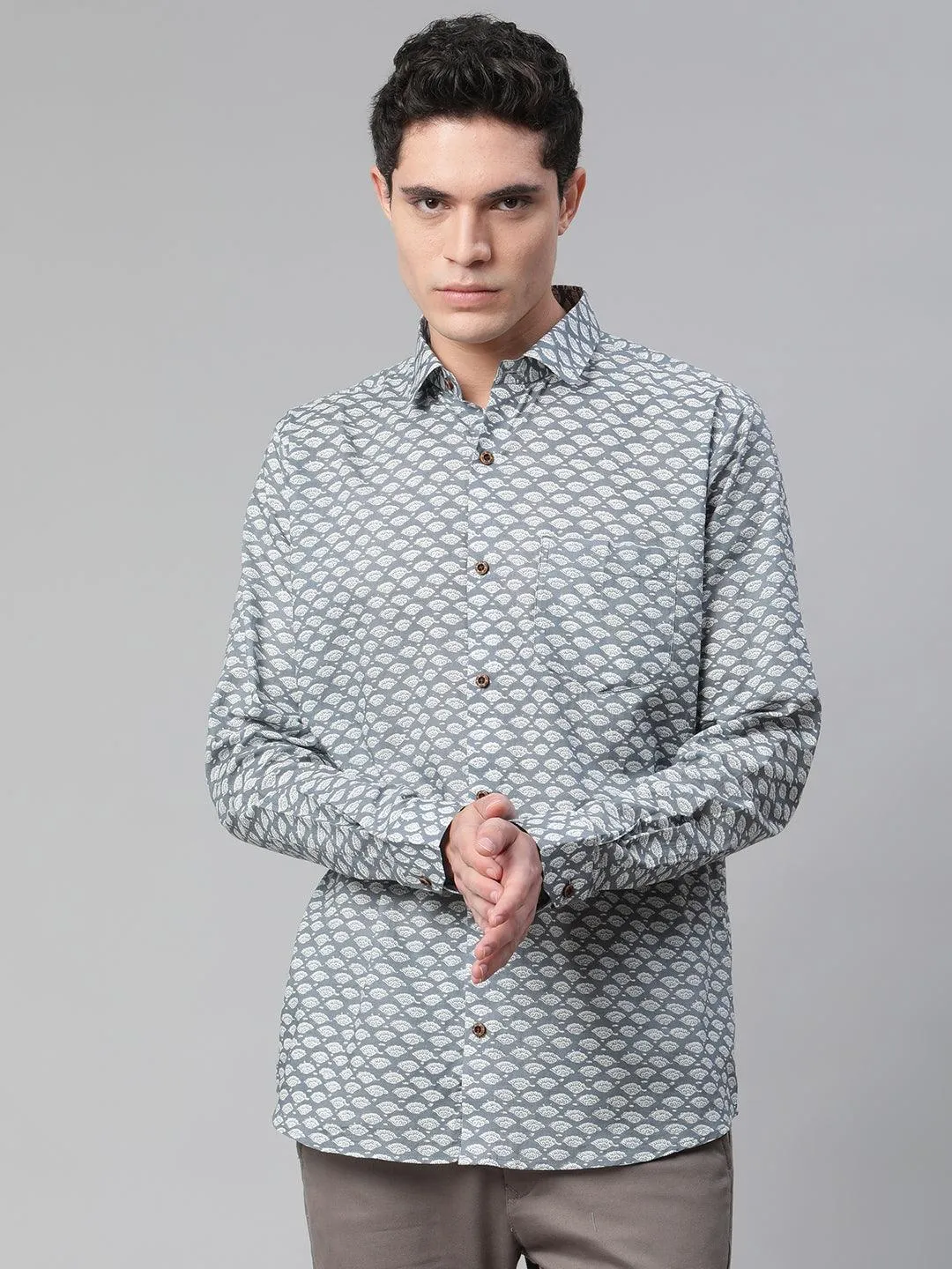 Millennial Men Grey & White  Cotton  Full Sleeve  Shirt for Men-MMF0276