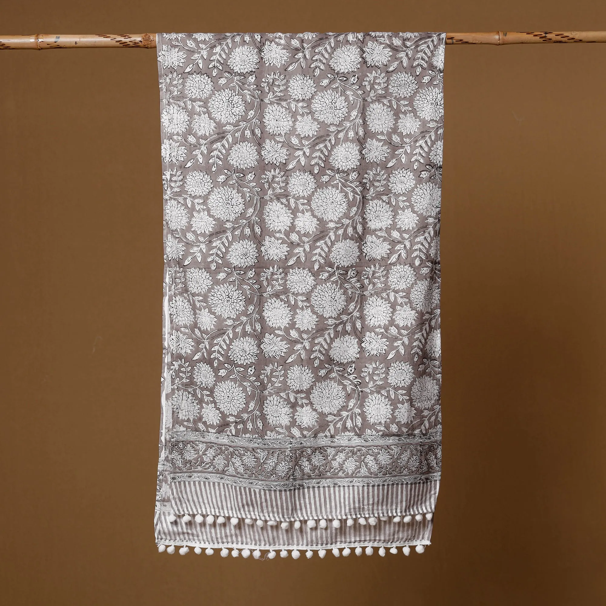 Mughal Buti Grey & White Flowers Sanganeri Block Printed Cotton Stole with Tassels