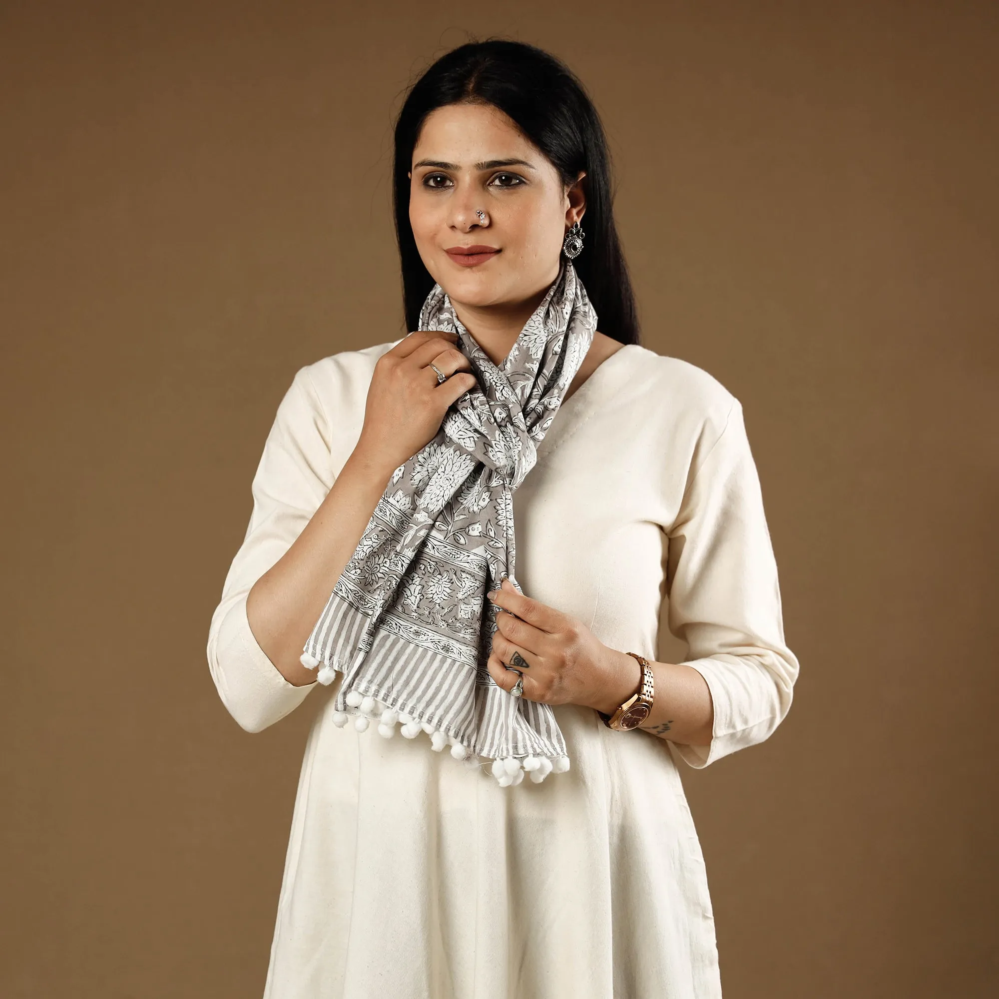 Mughal Buti Grey & White Flowers Sanganeri Block Printed Cotton Stole with Tassels