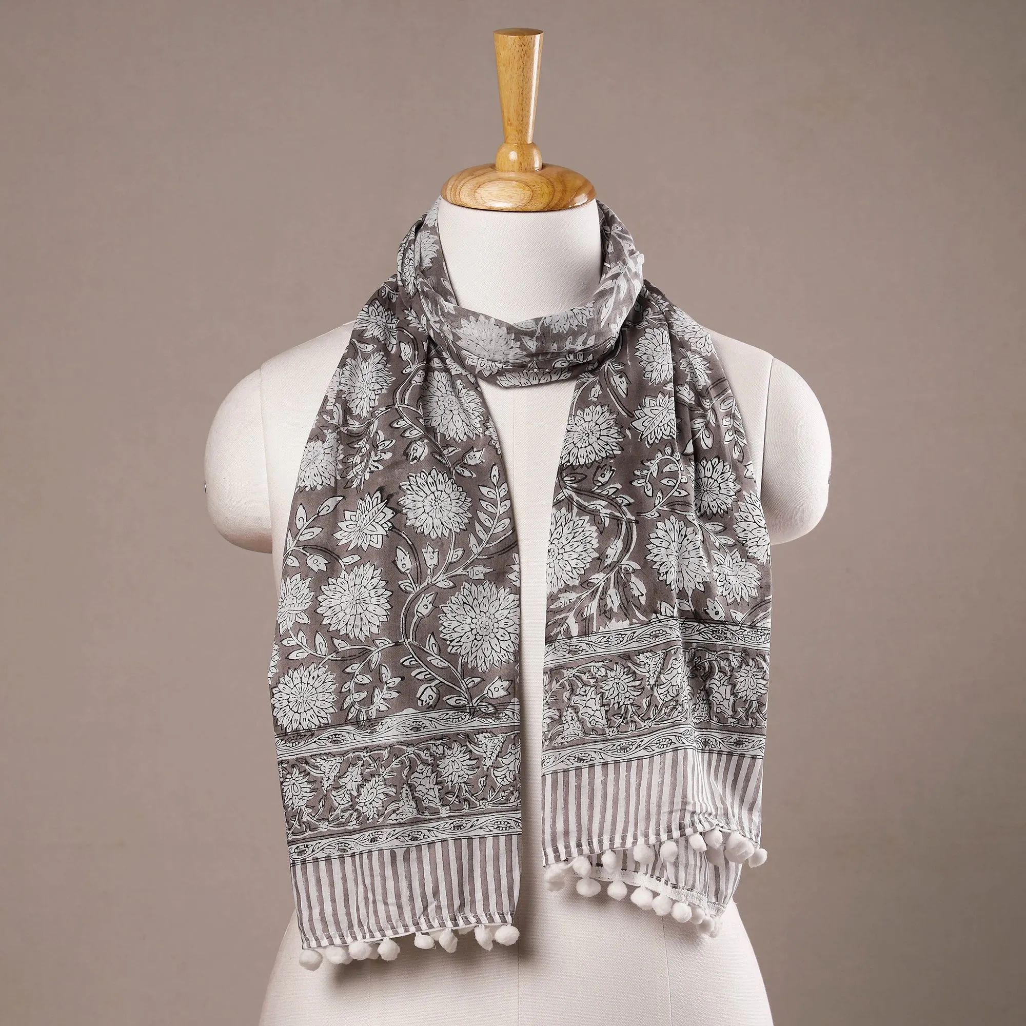 Mughal Buti Grey & White Flowers Sanganeri Block Printed Cotton Stole with Tassels