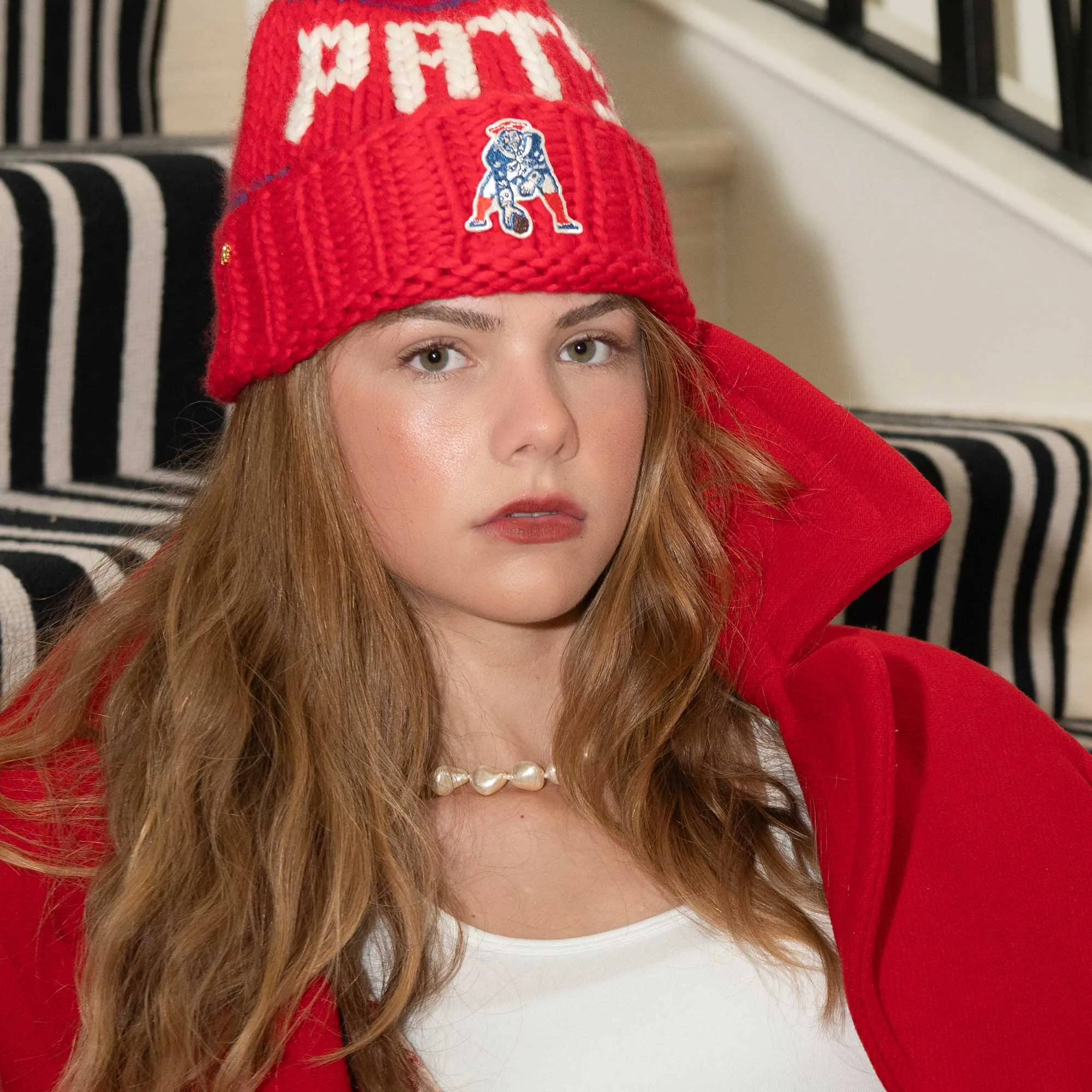 NEW ENGLAND PATRIOTS LELE SADOUGHI X NFL RED RETRO BEANIE FAUX FUR POM