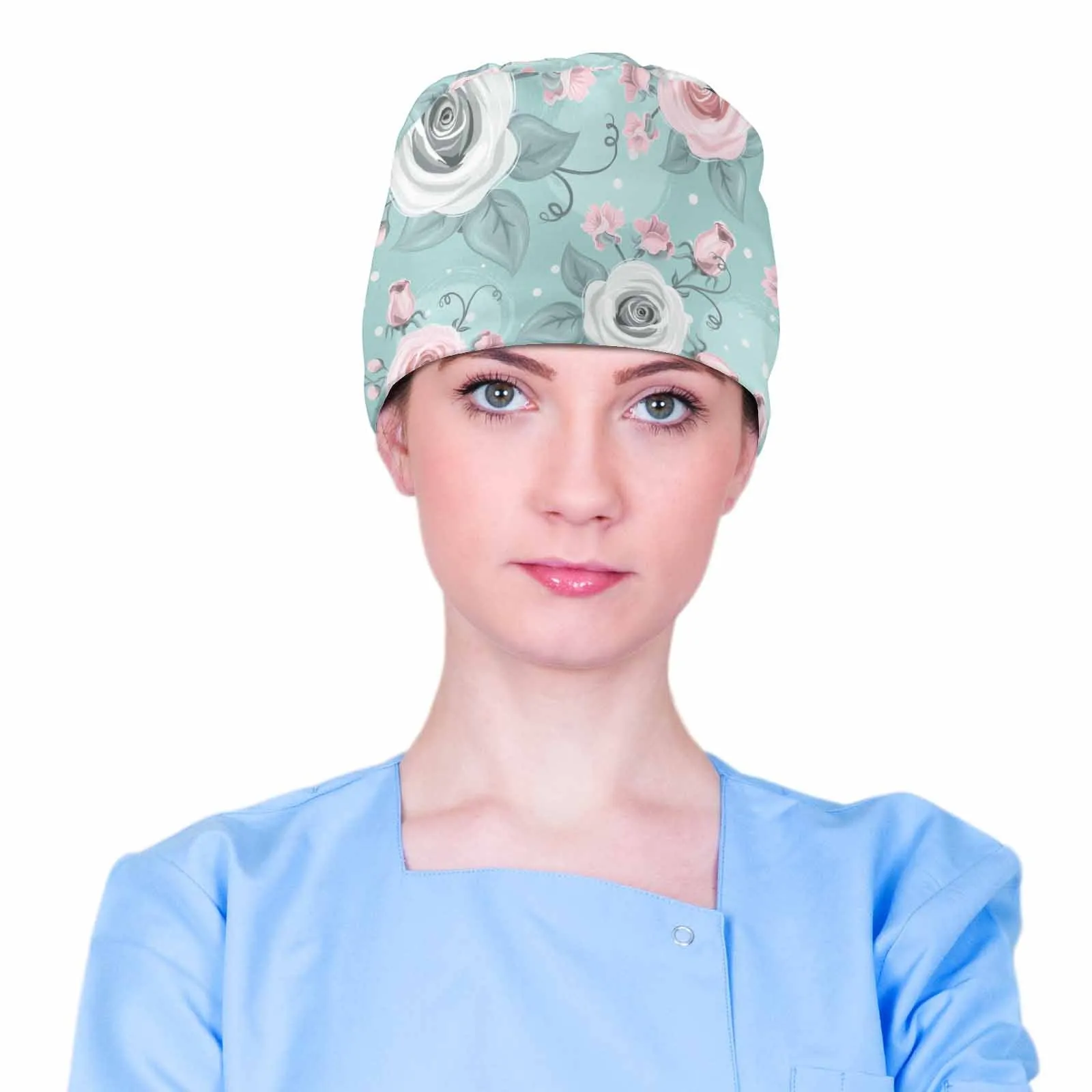 Nurse Scrub Cap Green Pastel Roses  Scrub Cap