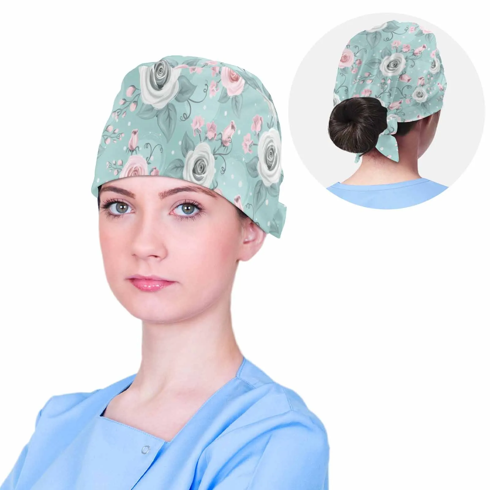 Nurse Scrub Cap Green Pastel Roses  Scrub Cap