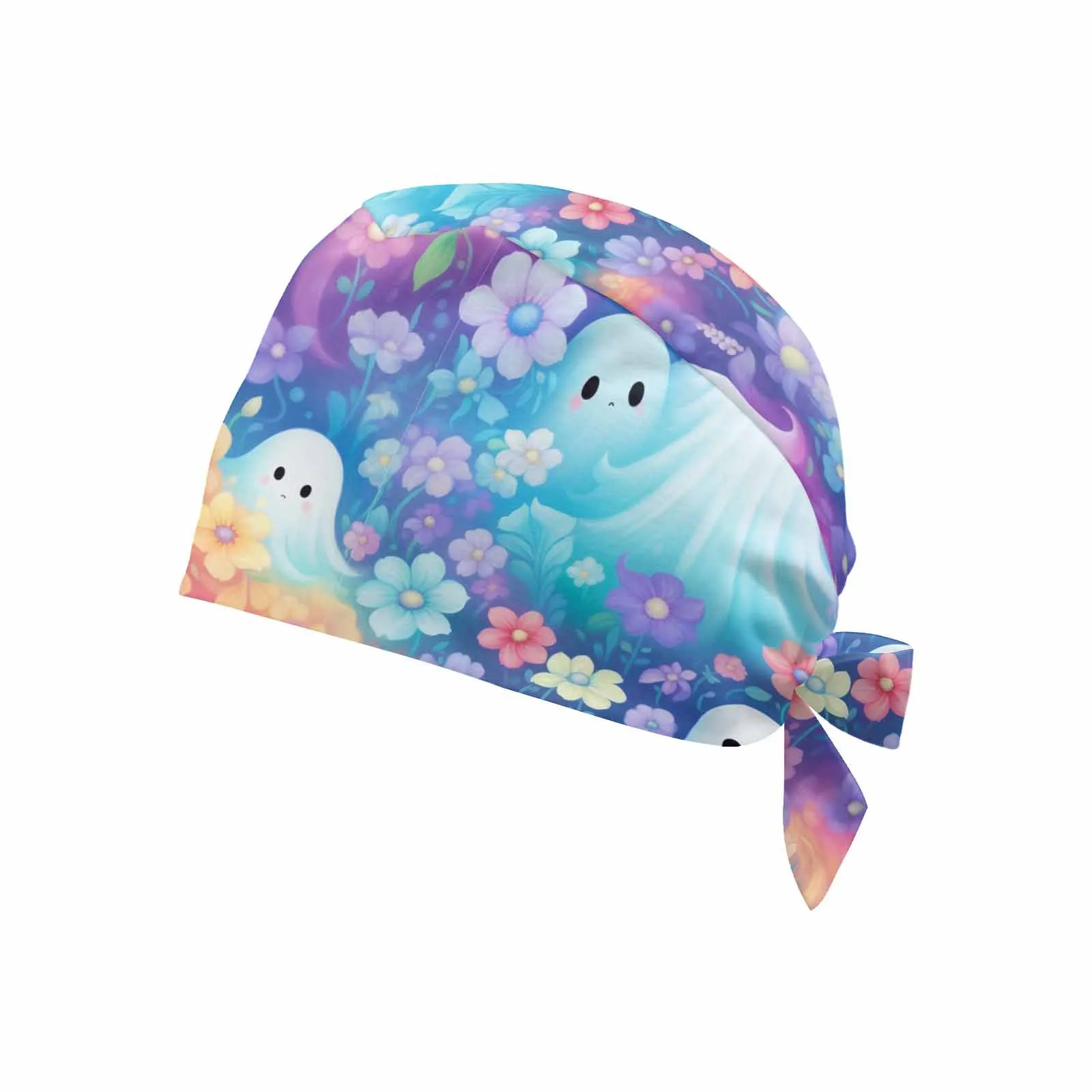 Pastel Floral Halloween Ghosts  Scrub Cap