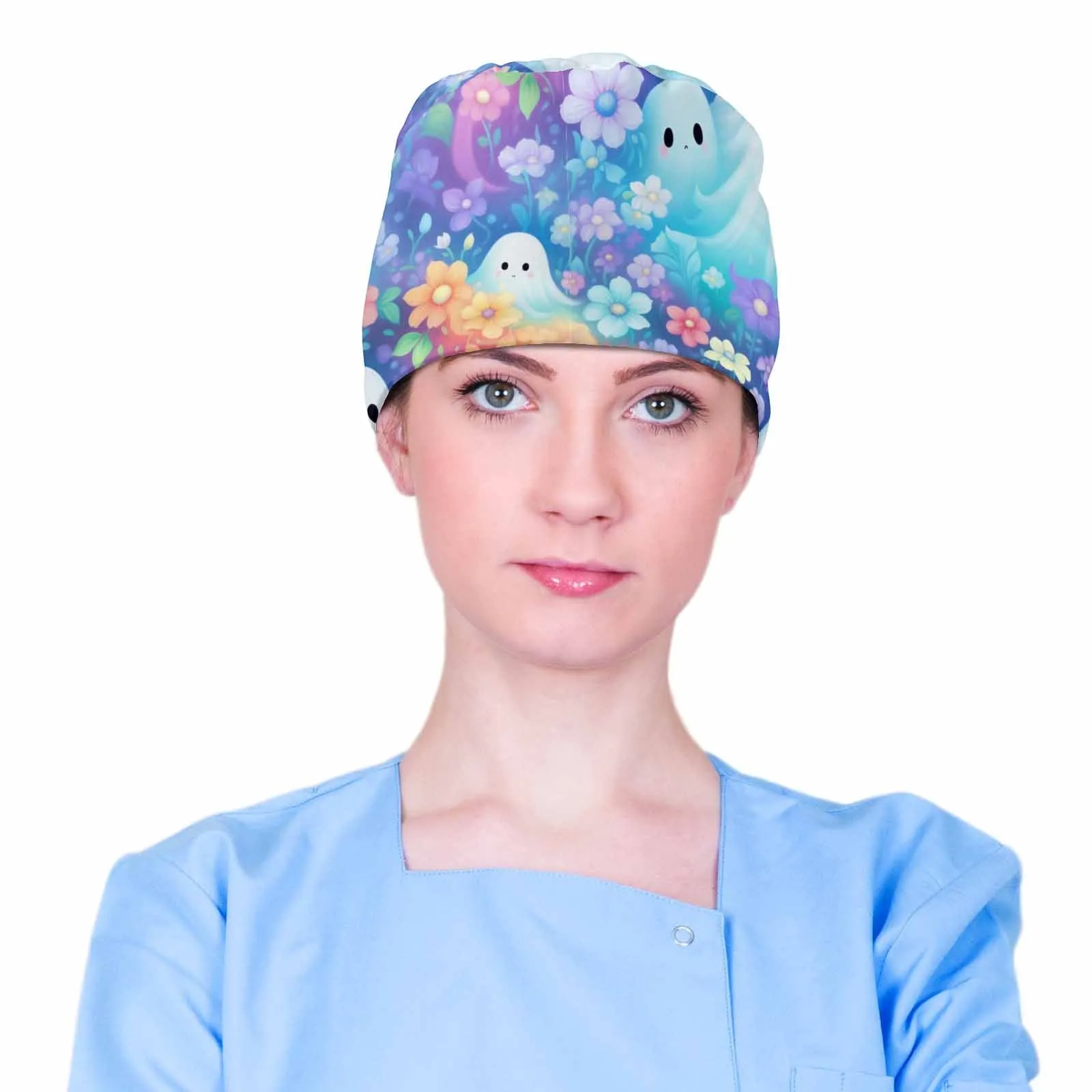 Pastel Floral Halloween Ghosts  Scrub Cap