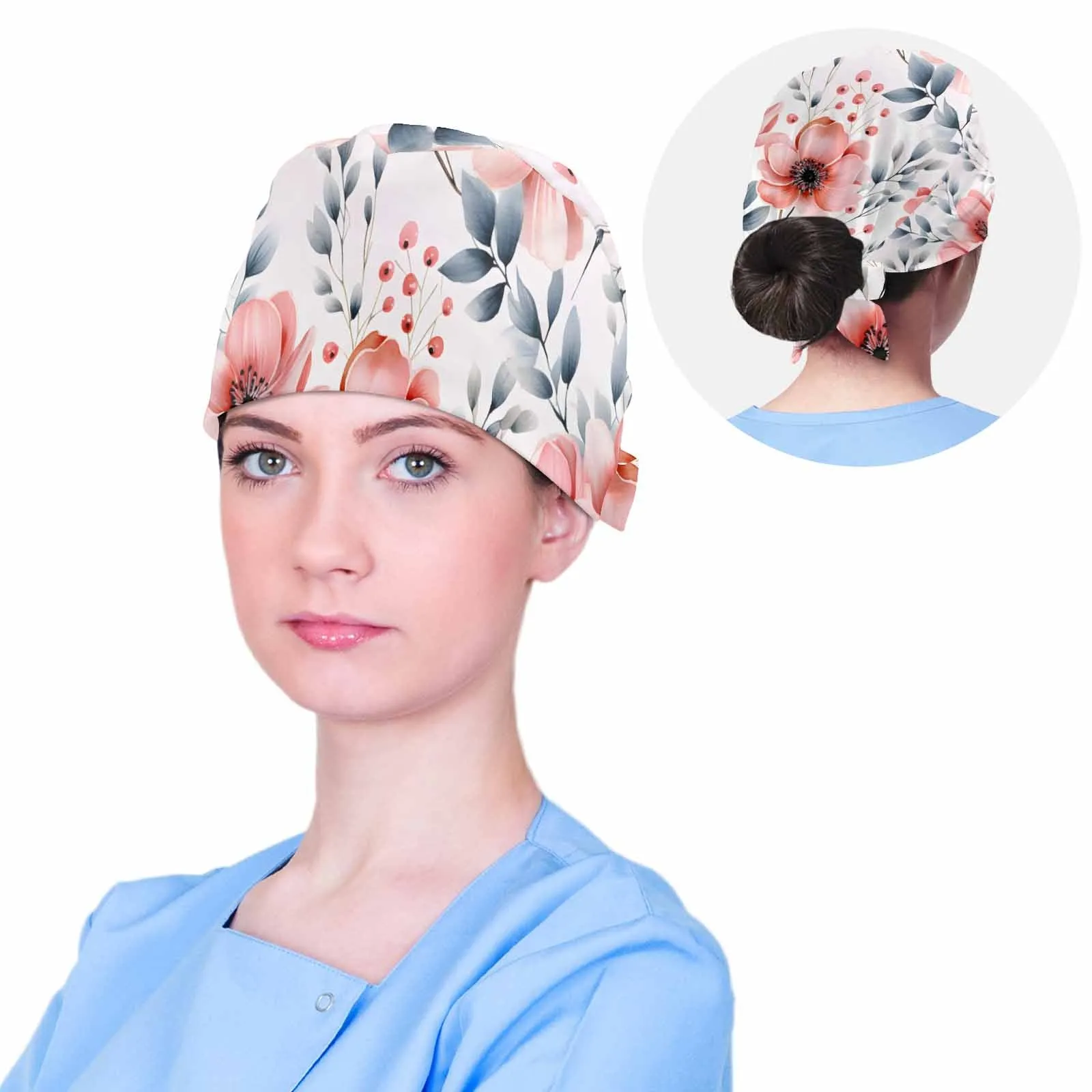 Pink and Grey Floral  Scrub Cap