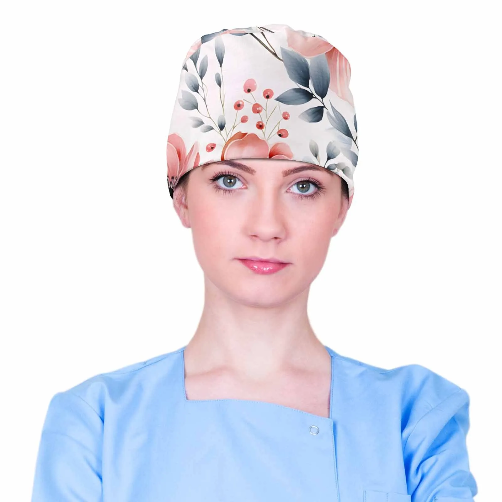 Pink and Grey Floral  Scrub Cap