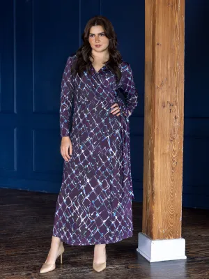 Plus Size Purple Print Collared Wrap Maxi Dress