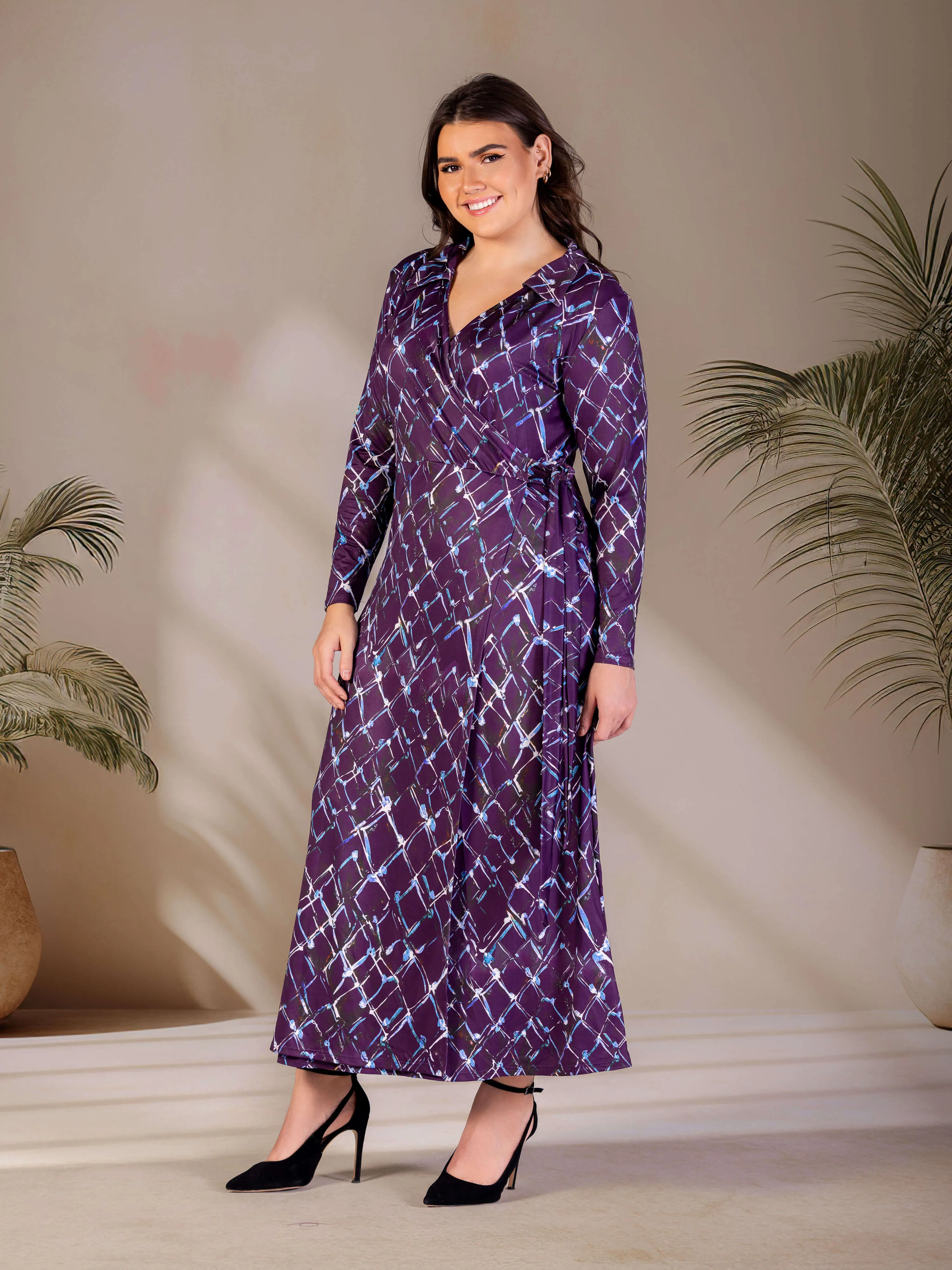 Plus Size Purple Print Collared Wrap Maxi Dress