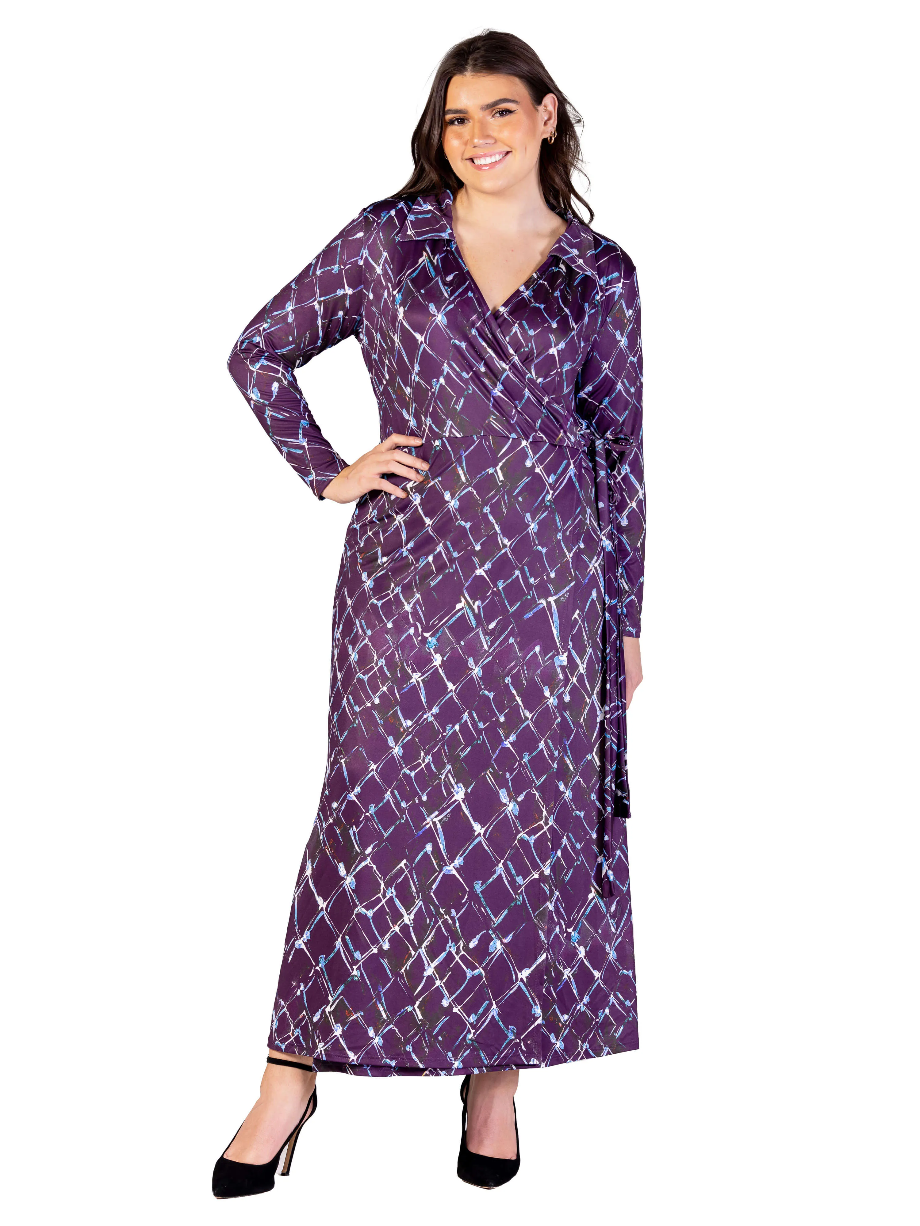 Plus Size Purple Print Collared Wrap Maxi Dress