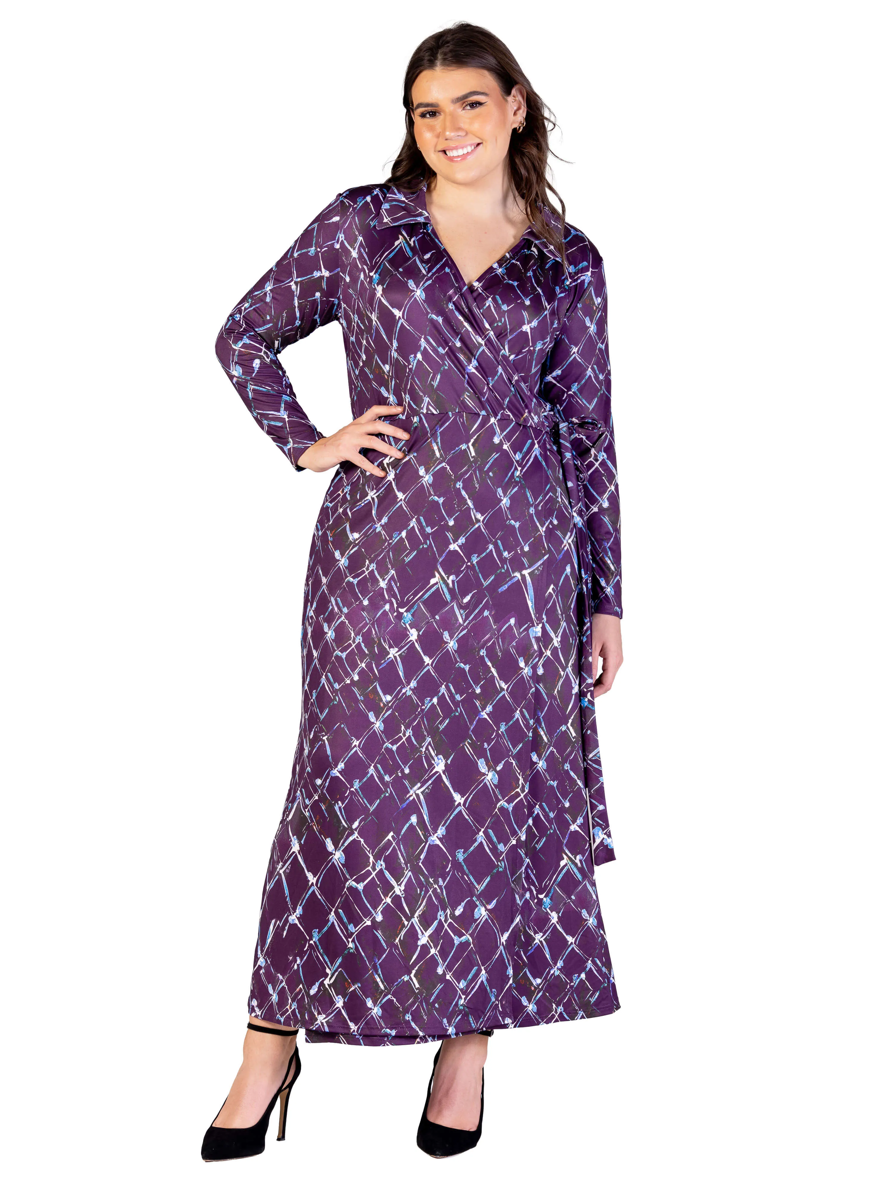 Plus Size Purple Print Collared Wrap Maxi Dress