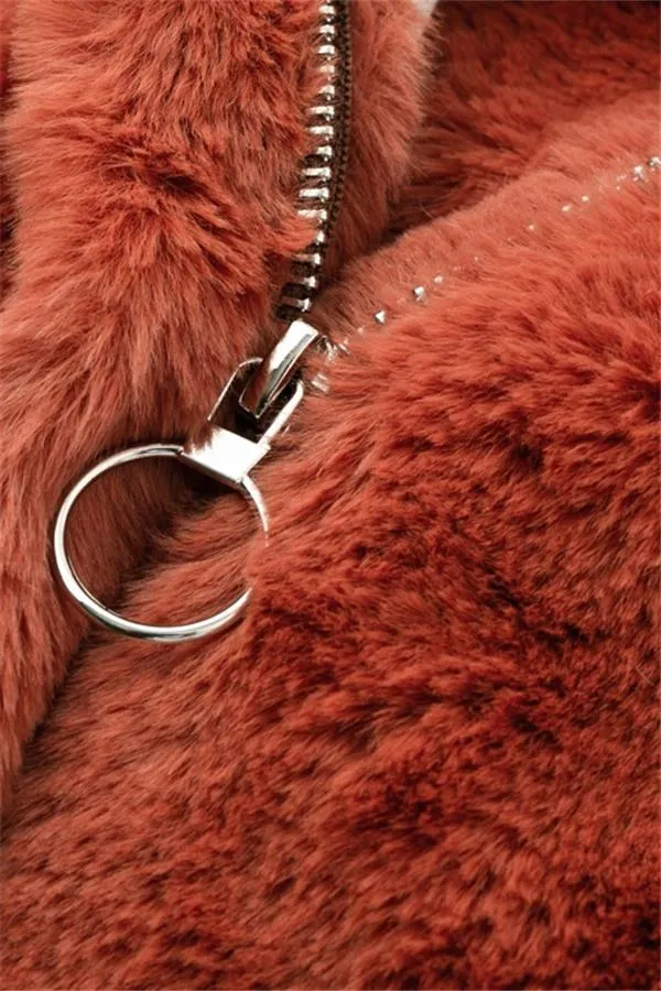 Plush Faux Fur Zipper Jacket - Red