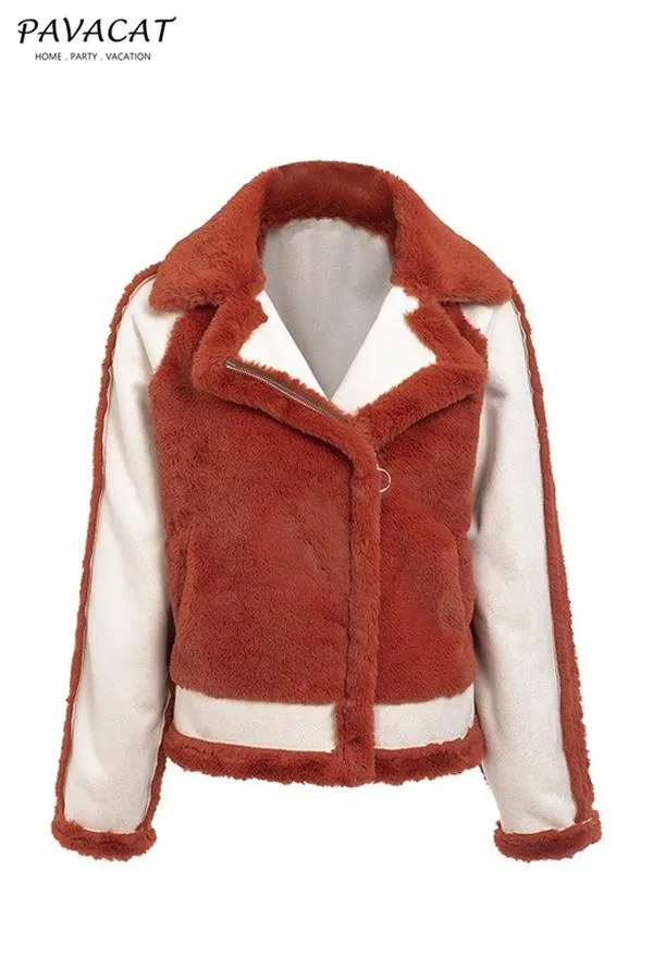 Plush Faux Fur Zipper Jacket - Red