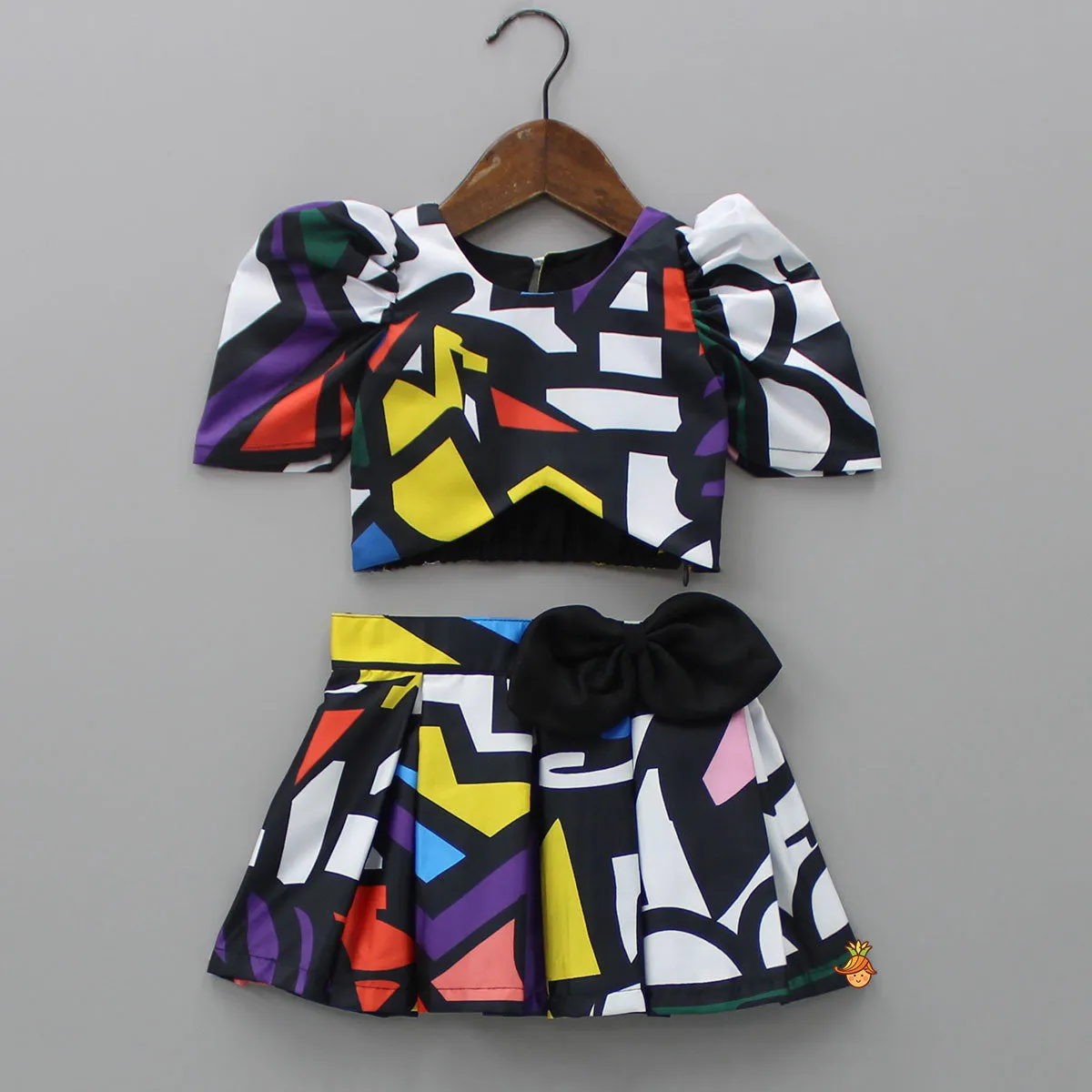 Pre Order: Geometric Printed Asymmetric Black Top And Skirt With Matching Hair Clip