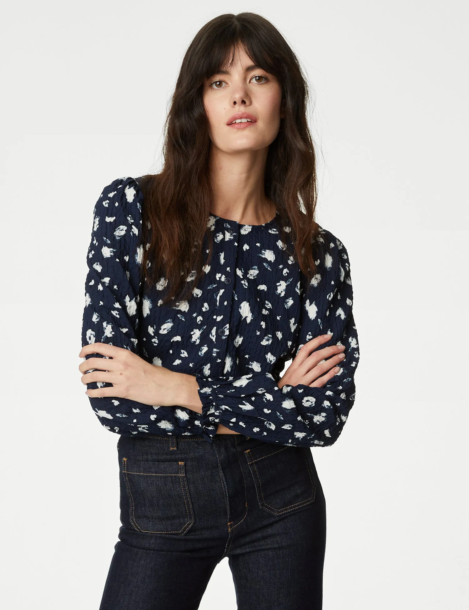 Printed Textured Button Through Blouse