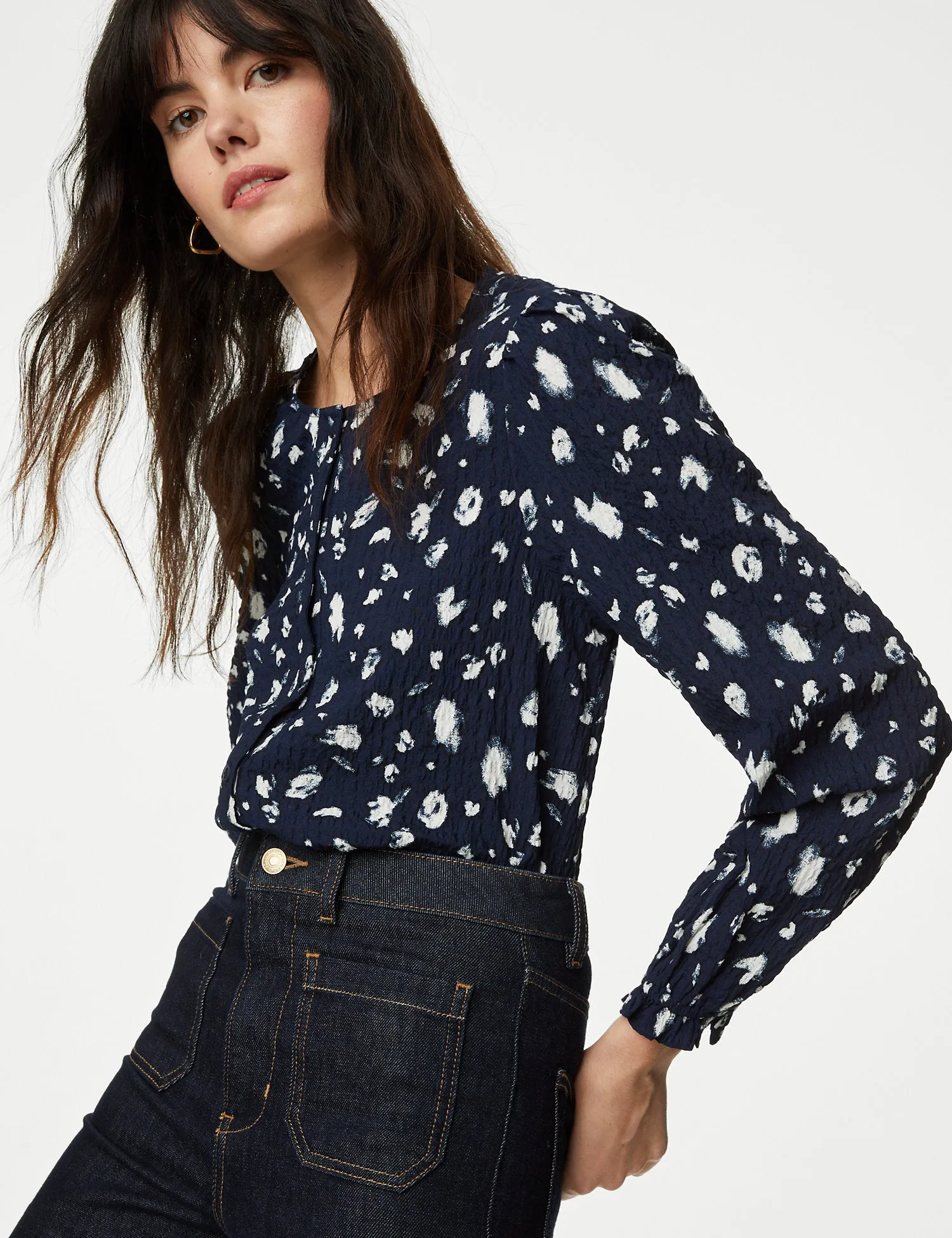 Printed Textured Button Through Blouse