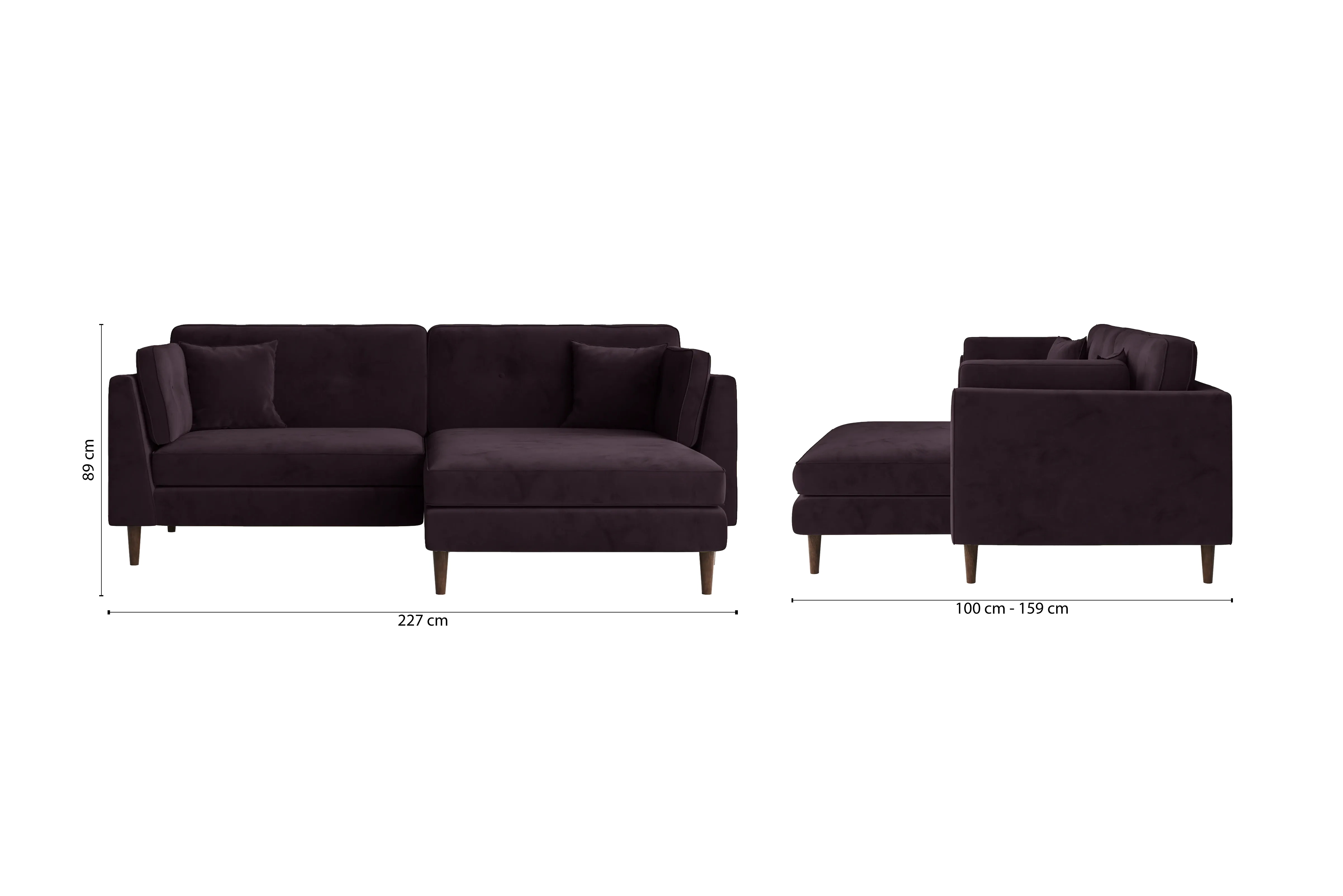 Ragusa 3 Seater Right Hand Facing Chaise Lounge Corner Sofa Purple Velvet