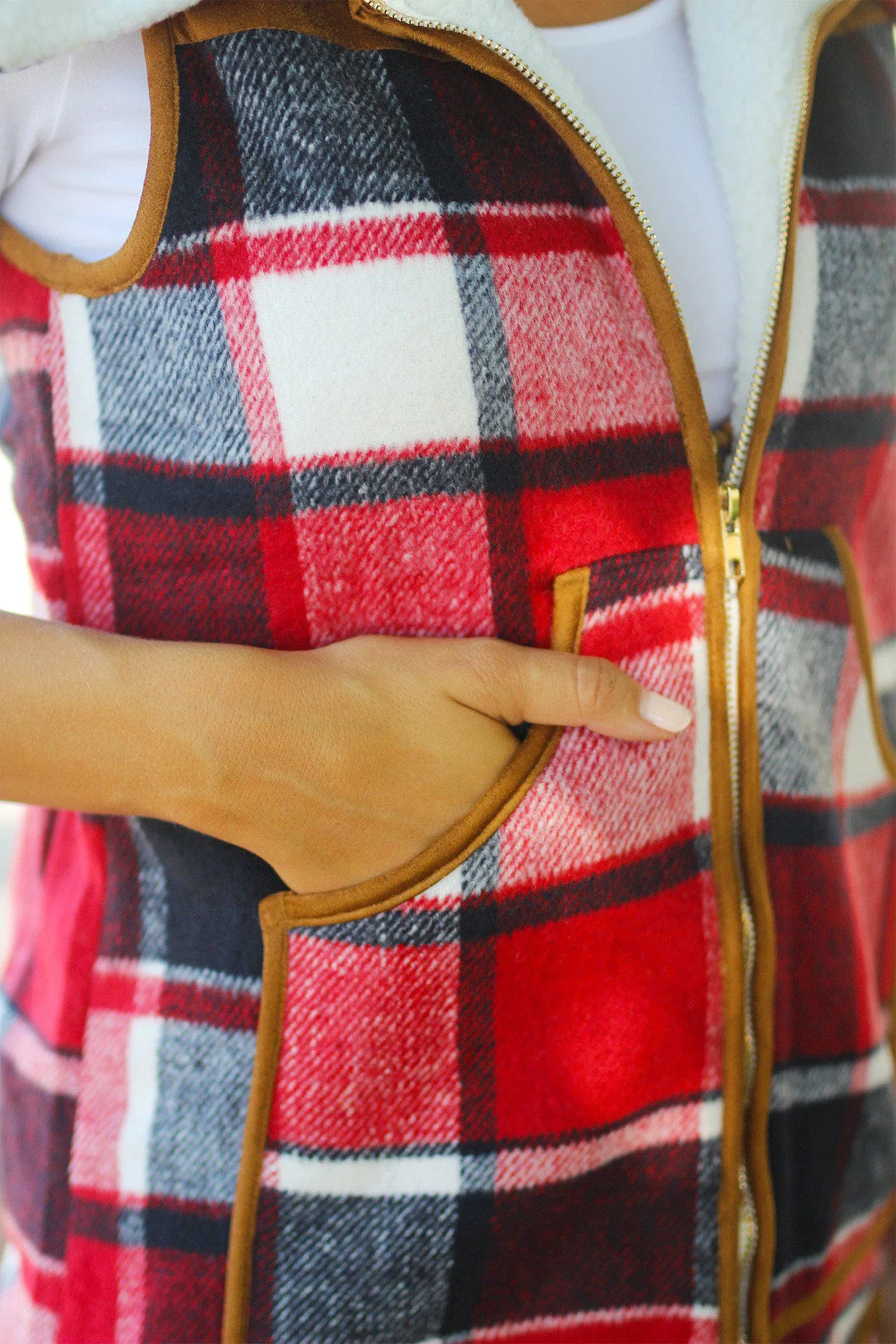 Red Plaid Faux Fur Vest