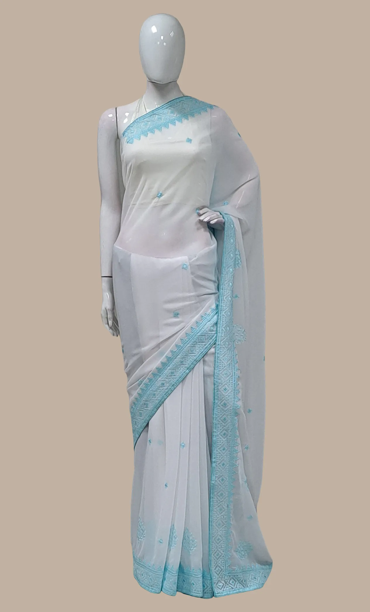 Soft Blue Cotton Embroidered Sari