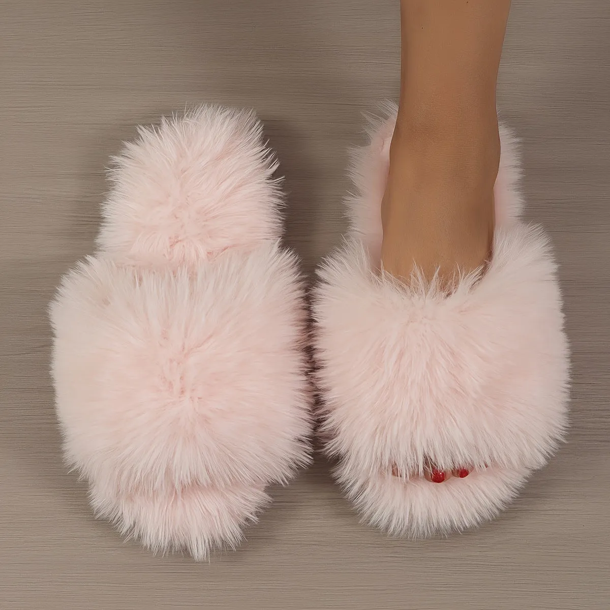 Ultimate Winter Comfort - Luxurious Faux Fur Open Toe Slippers - Ultra-Soft Fluffy Plush, Solid Color, Warm Flat Shoes for Cozy Indoor Relaxation