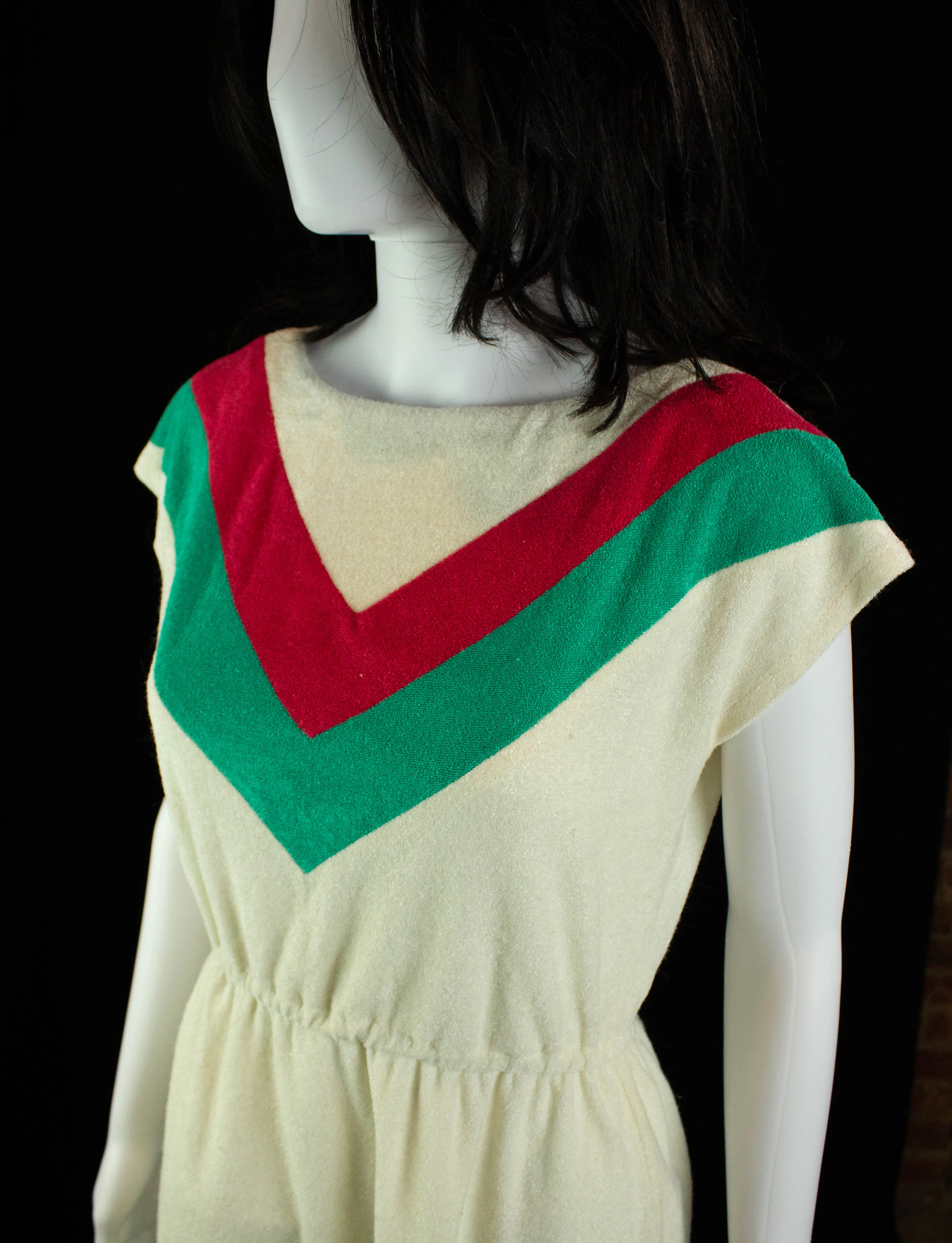 Vintage Chevron Terry Cloth Dress 70s Cream, Red and Green Medium