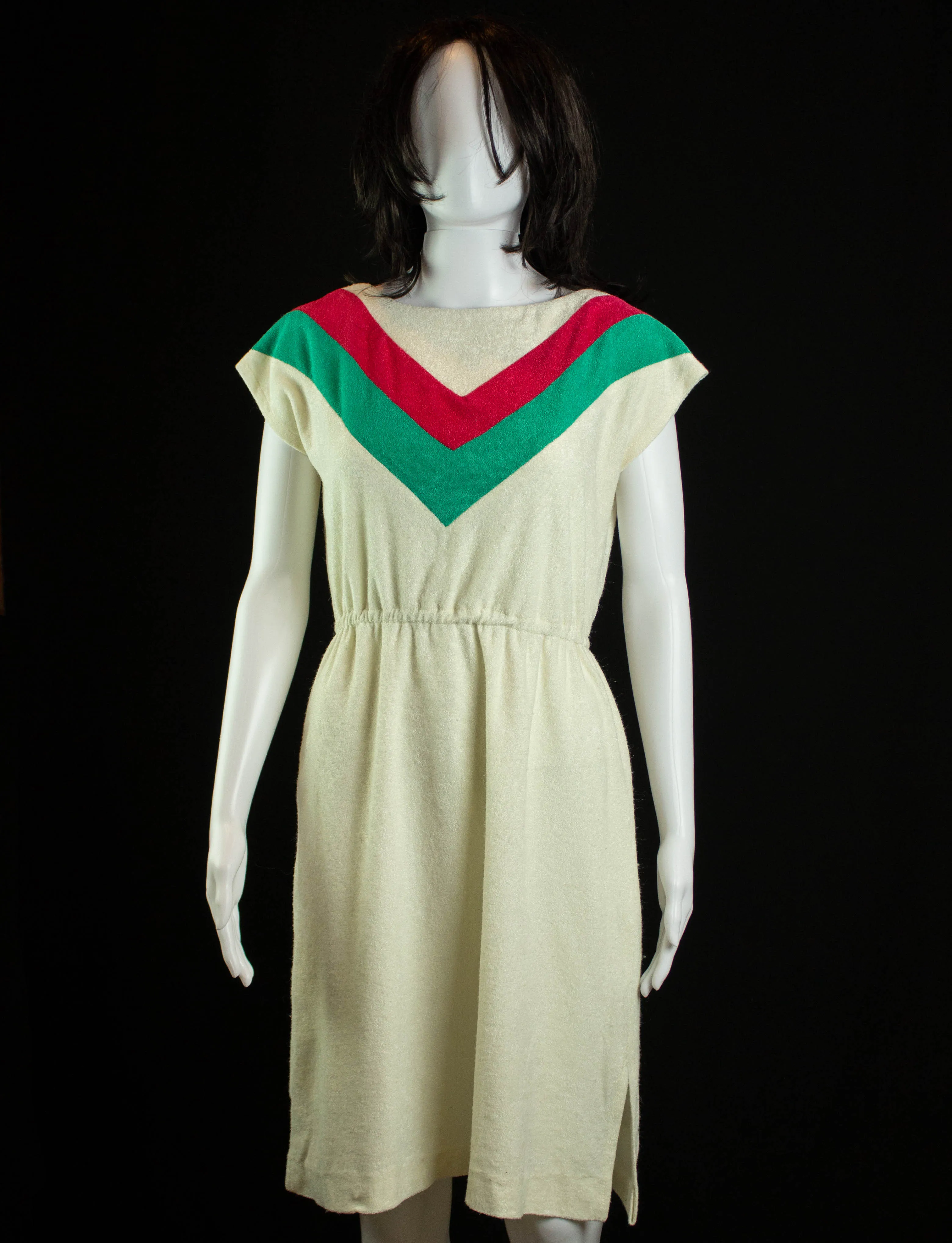 Vintage Chevron Terry Cloth Dress 70s Cream, Red and Green Medium