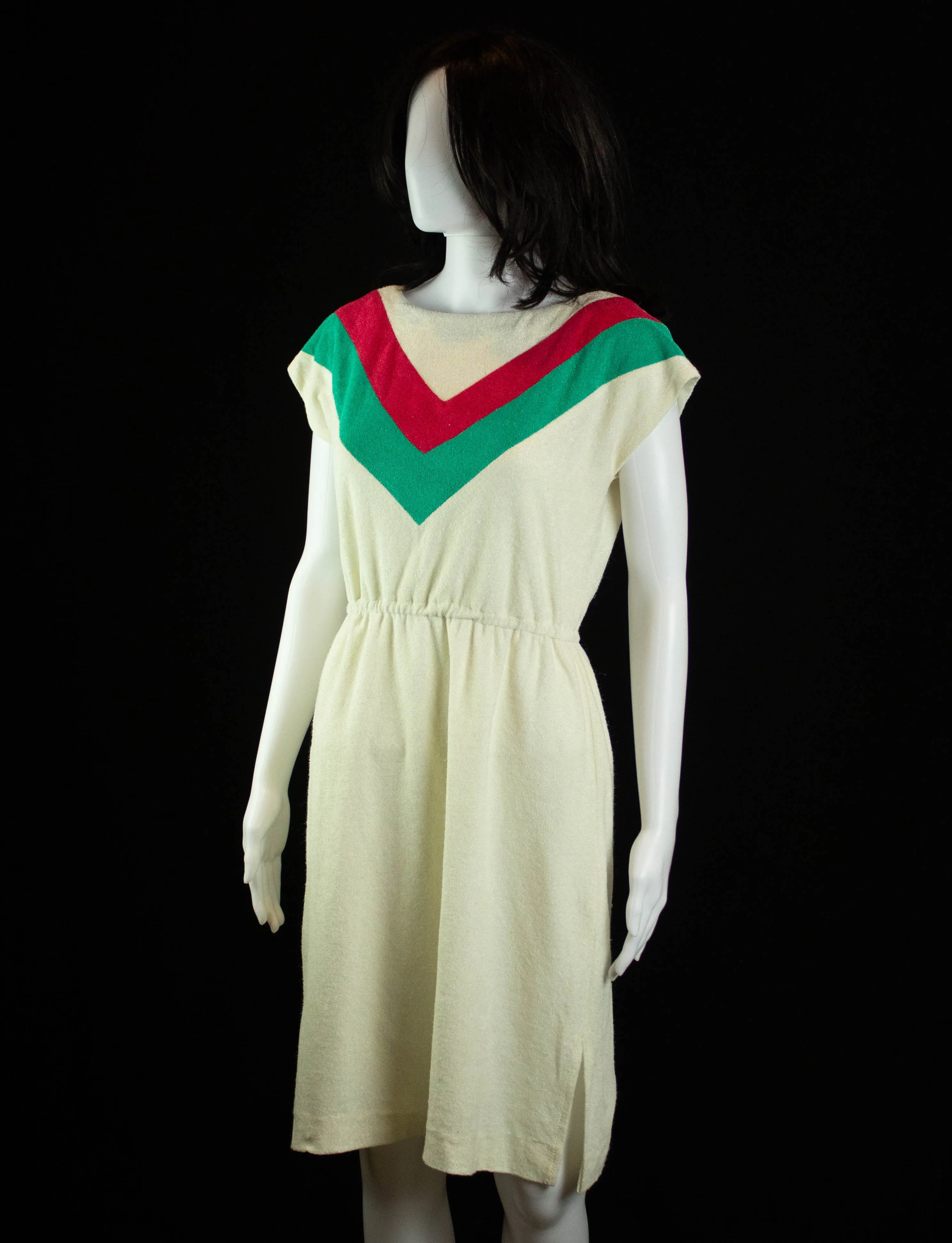 Vintage Chevron Terry Cloth Dress 70s Cream, Red and Green Medium