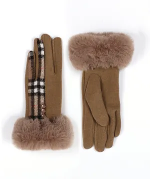 Womens Beige Tartan Gloves with Tonal Faux Fur Cuffs