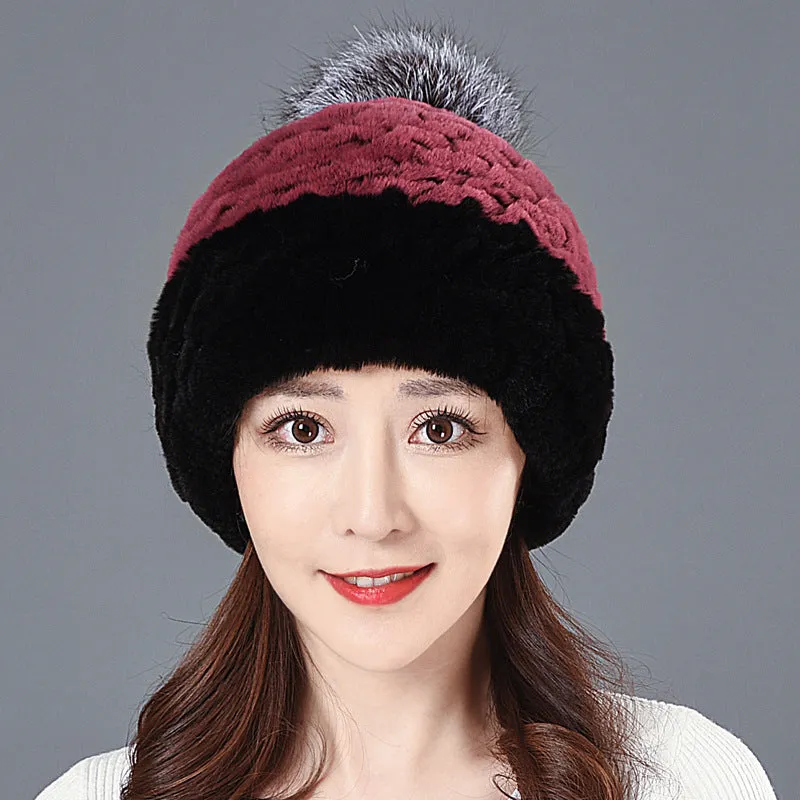 Women's Winter Rex Rabbit Fur Ball Thickened Warm All-match Ear Protection Knitted Wool Cap