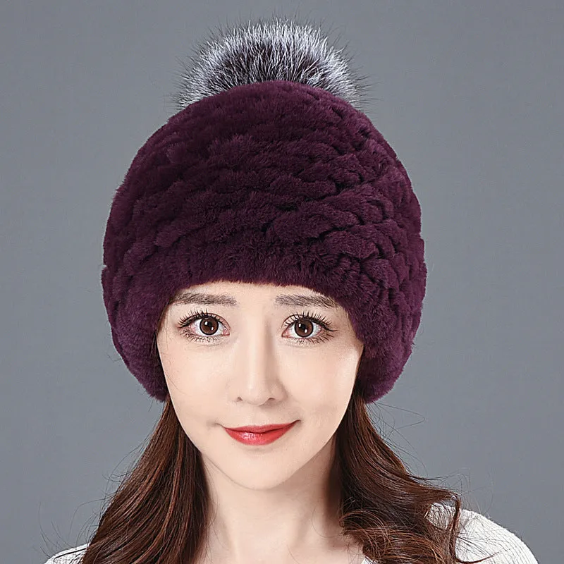 Women's Winter Rex Rabbit Fur Ball Thickened Warm All-match Ear Protection Knitted Wool Cap