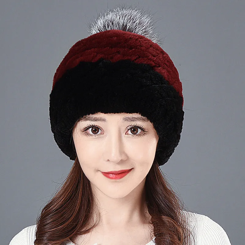 Women's Winter Rex Rabbit Fur Ball Thickened Warm All-match Ear Protection Knitted Wool Cap