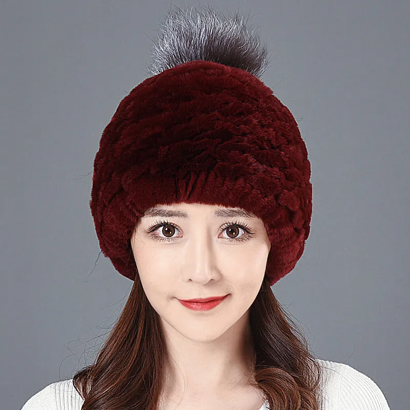 Women's Winter Rex Rabbit Fur Ball Thickened Warm All-match Ear Protection Knitted Wool Cap