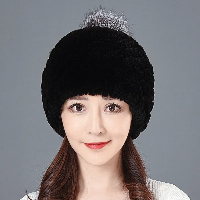 Women's Winter Rex Rabbit Fur Ball Thickened Warm All-match Ear Protection Knitted Wool Cap