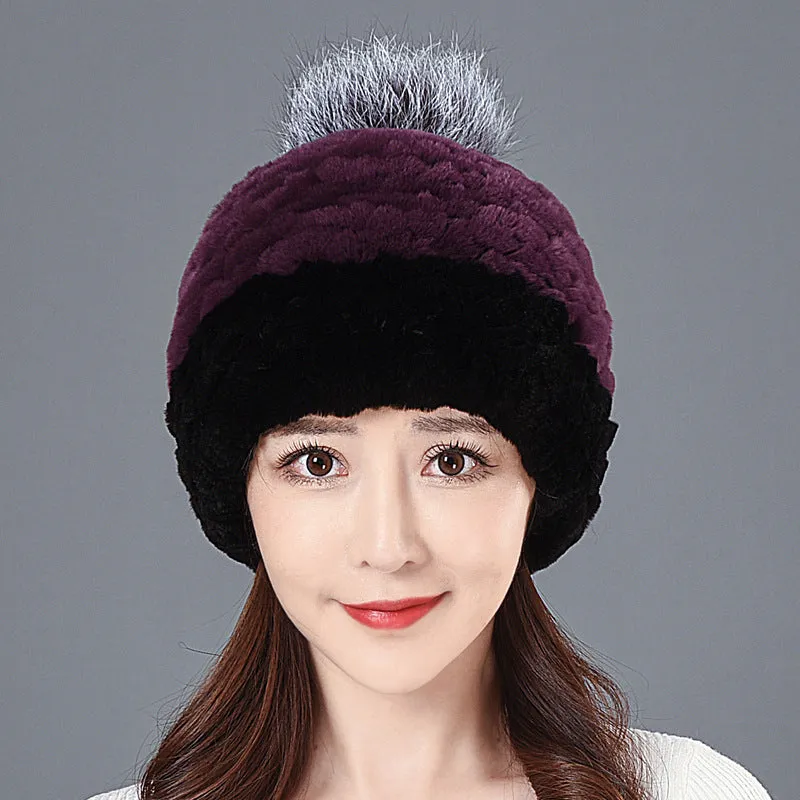 Women's Winter Rex Rabbit Fur Ball Thickened Warm All-match Ear Protection Knitted Wool Cap