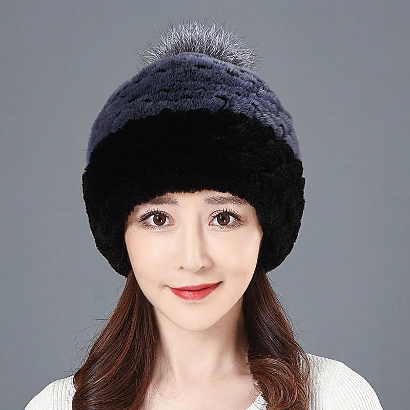 Women's Winter Rex Rabbit Fur Ball Thickened Warm All-match Ear Protection Knitted Wool Cap