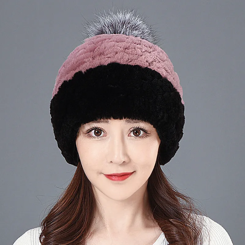 Women's Winter Rex Rabbit Fur Ball Thickened Warm All-match Ear Protection Knitted Wool Cap