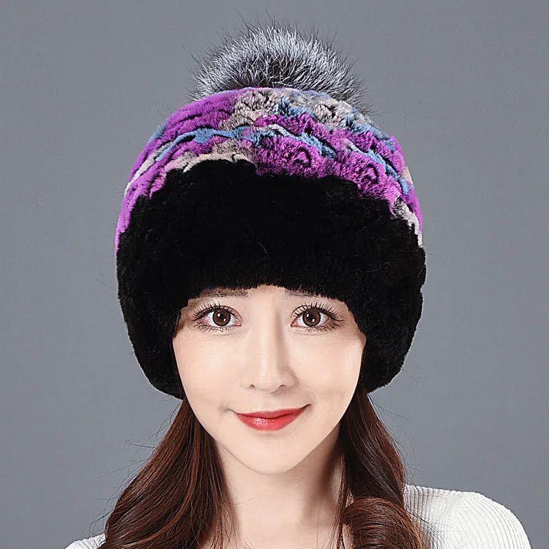 Women's Winter Rex Rabbit Fur Ball Thickened Warm All-match Ear Protection Knitted Wool Cap