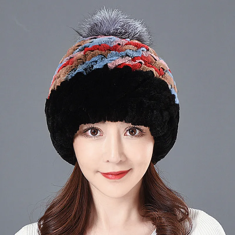 Women's Winter Rex Rabbit Fur Ball Thickened Warm All-match Ear Protection Knitted Wool Cap