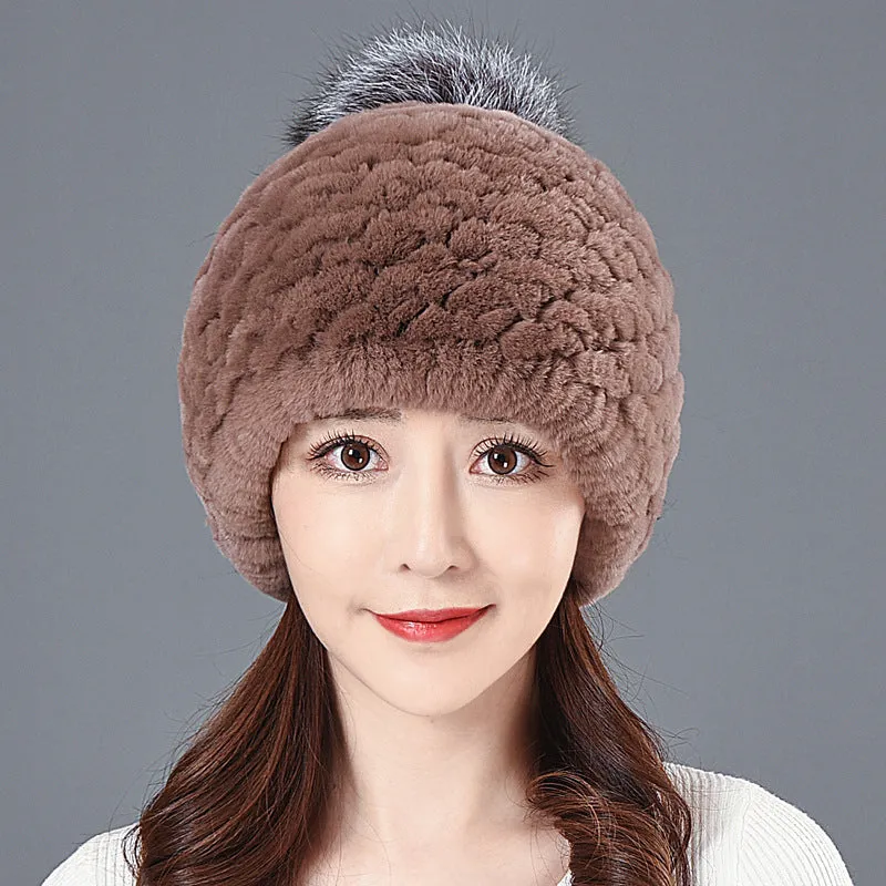 Women's Winter Rex Rabbit Fur Ball Thickened Warm All-match Ear Protection Knitted Wool Cap