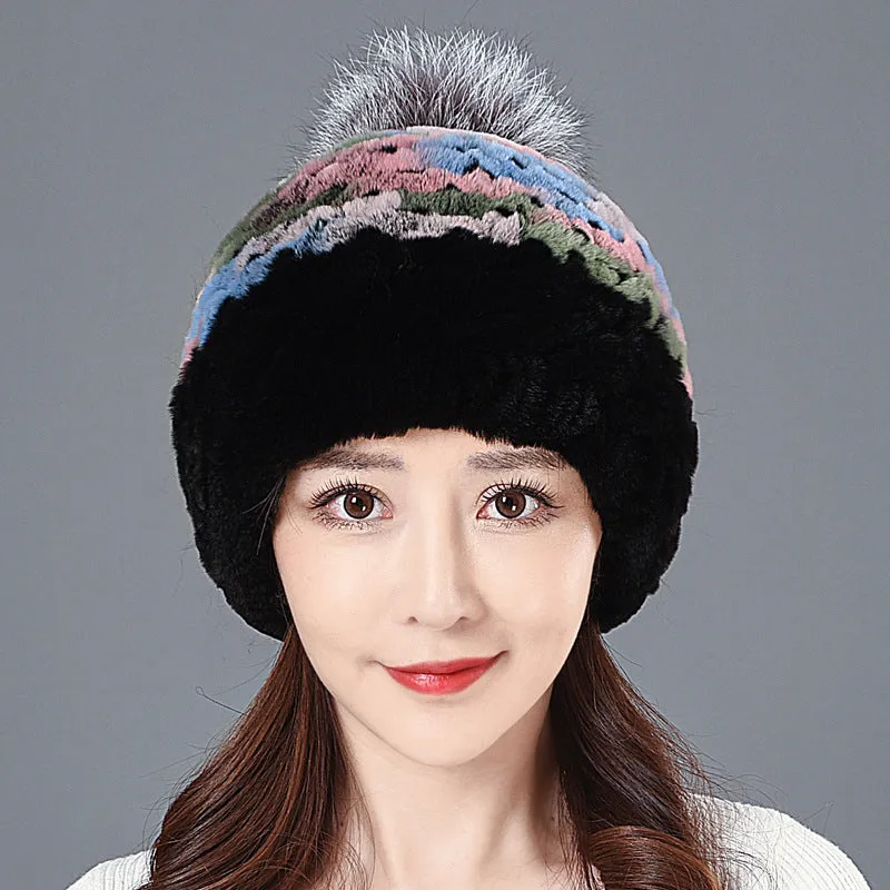 Women's Winter Rex Rabbit Fur Ball Thickened Warm All-match Ear Protection Knitted Wool Cap